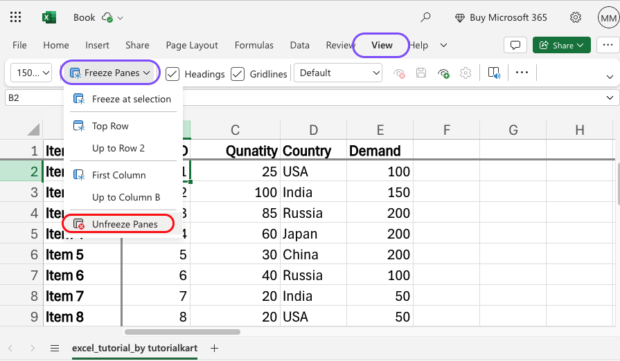 Excel - Unfreeze Rows and Columns